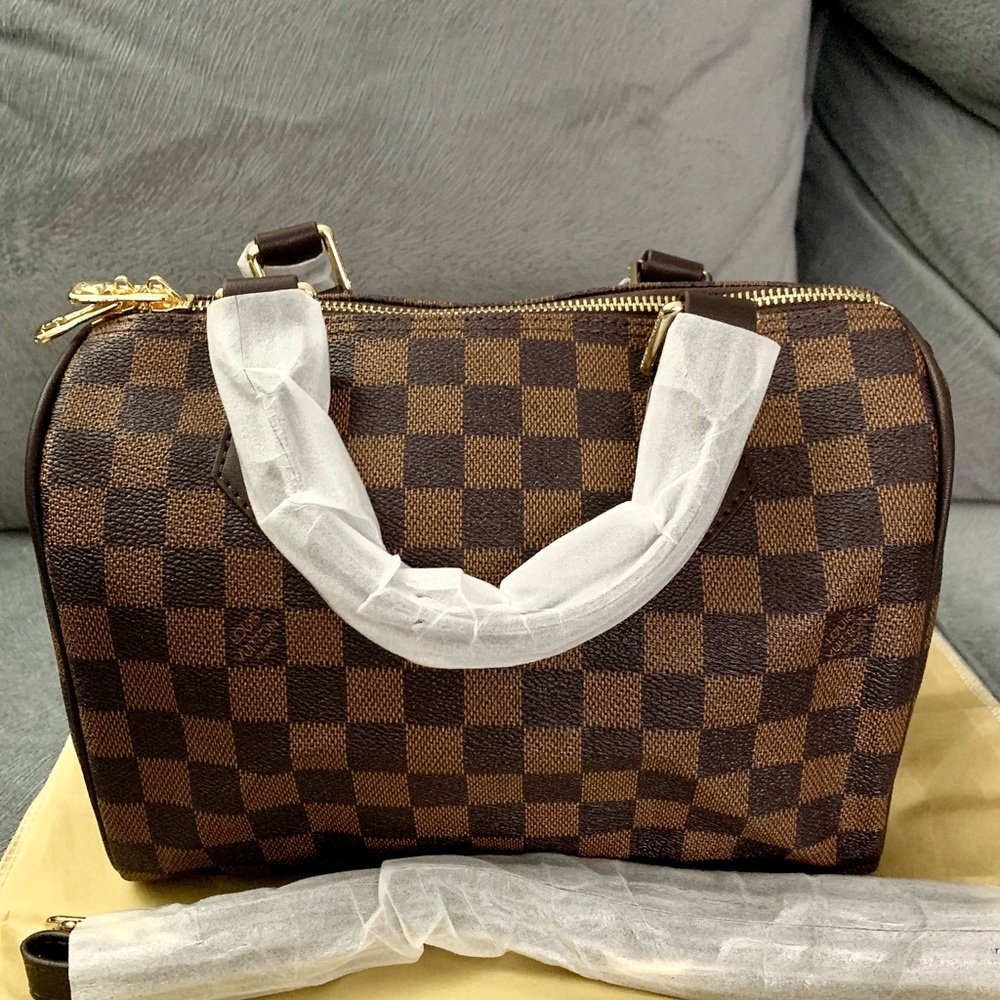 Brown Checkered Satchel with Gold Hardware